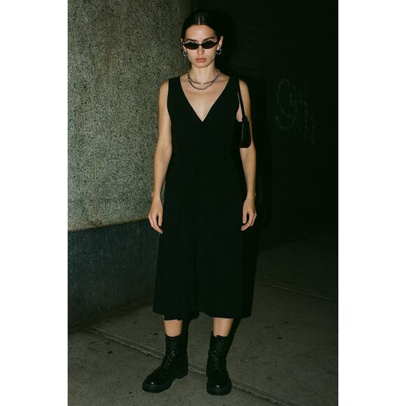 Prada Vintage 90s Y2K Black Sleeveless Ruched Draped Midi Cocktail Dress 44 US 8 - Picture 1 of 14